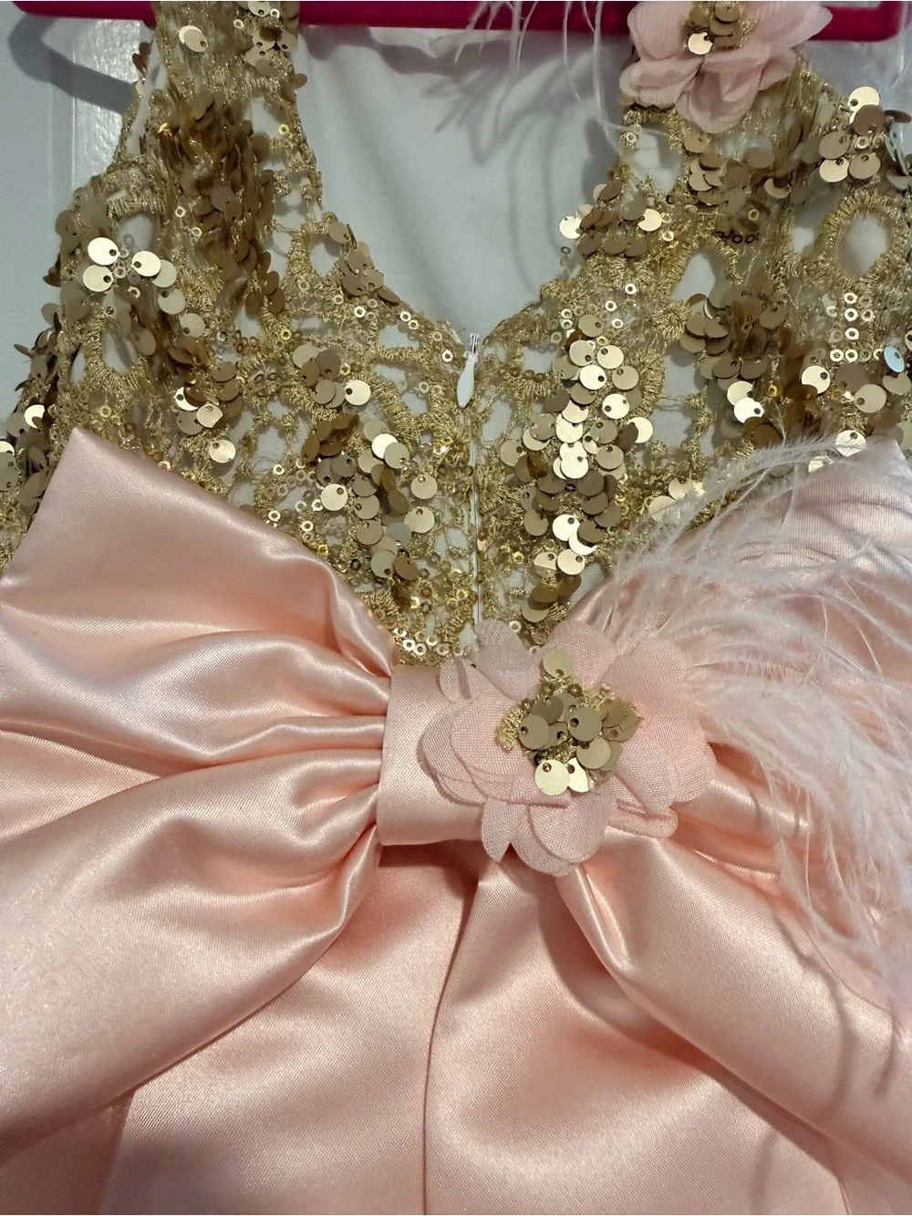 Tulleen Gold Sequin and feathers dress with pink tulle full skirt